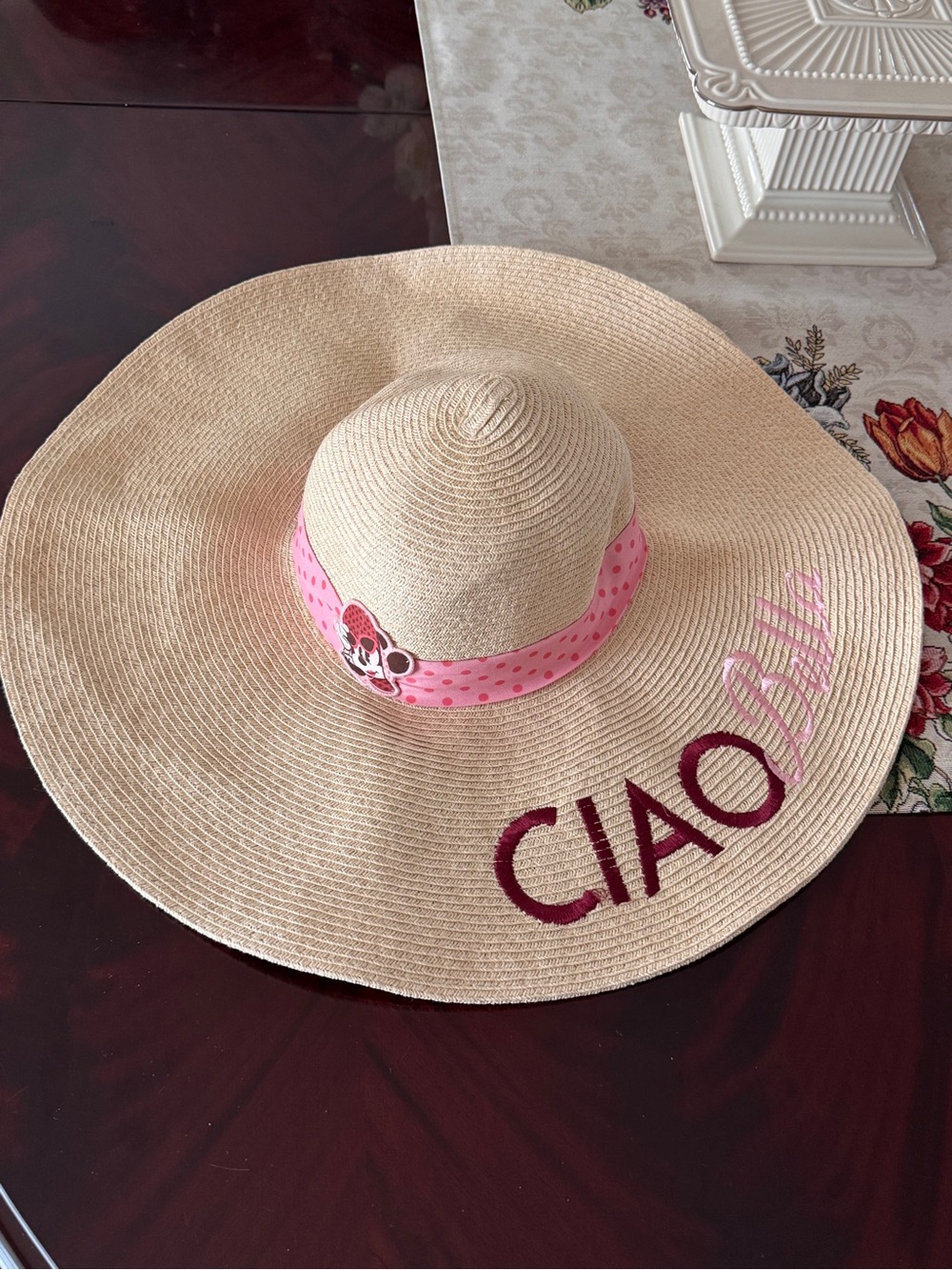 Disney Parks Epcot Italian Pavilion Minnie Wide Brim Sun Hat with Pink Ribbon